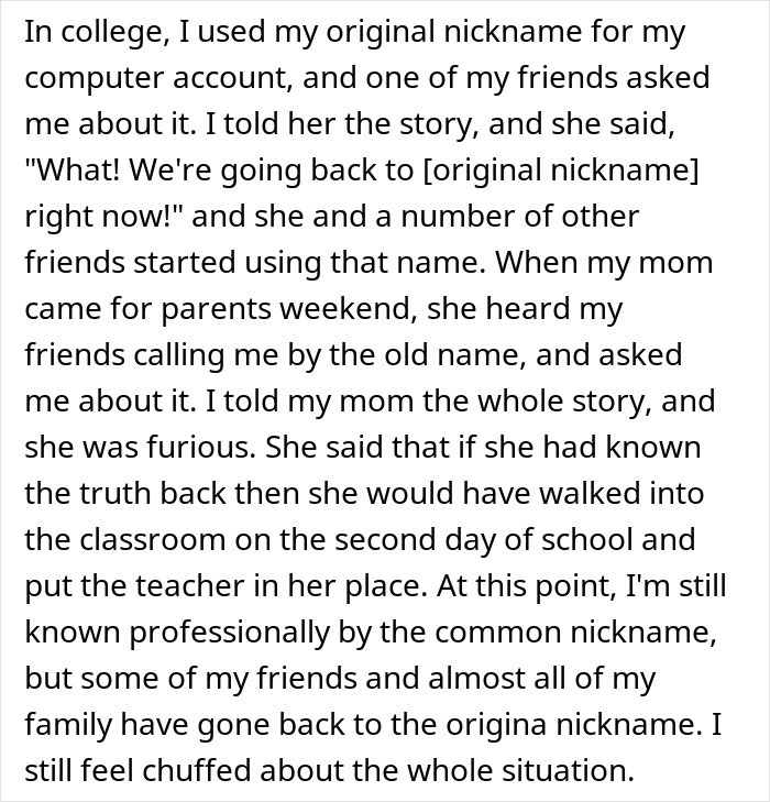 Text describing a student's revenge on a teacher for name mispronunciation.