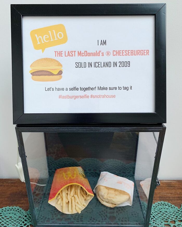 Display case with the last McDonald's cheeseburger and fries sold in Iceland in 2009.