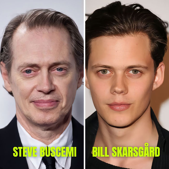Old and young actors side by side, highlighting their uncanny similarity as potential doppelgangers.