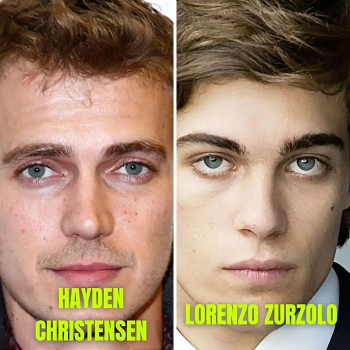 Two actors side by side, highlighting their doppelganger-like similarities in facial features.