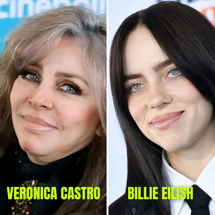 Old and young actors as doppelgangers, side by side comparison.