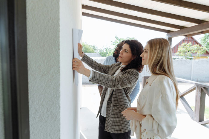 Couple viewing a property, unaware of being recorded by the owner during a private home tour, standing on a patio. Couple viewing a property, unaware of being recorded by the owner during a private home tour, standing on a patio.