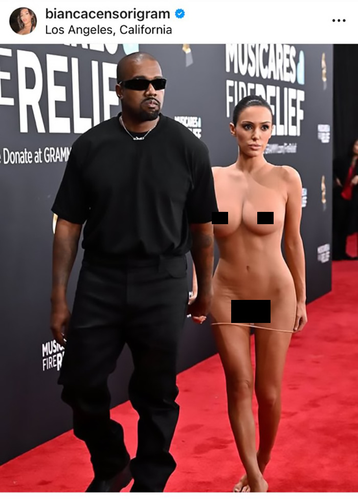 Bianca Censori and Kanye West on the Grammys red carpet.