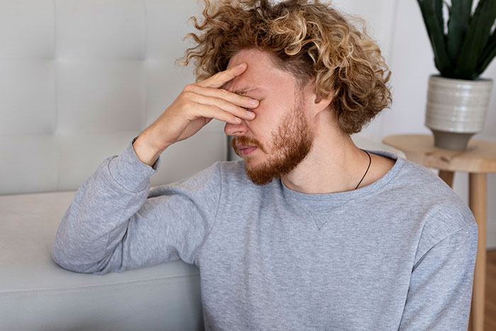 A man with curly hair and a beard, wearing a gray sweater, sits with his hand on his forehead, next to a potted plant.