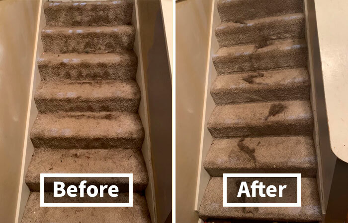 Comparison of stairs' carpet, before appearing dirty and after slightly cleaner, demonstrating a transformation.