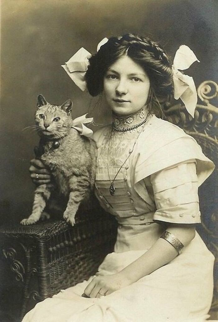 Vintage cat photo of a woman in an elegant dress holding a cat, with intricate braids and bows in her hair.