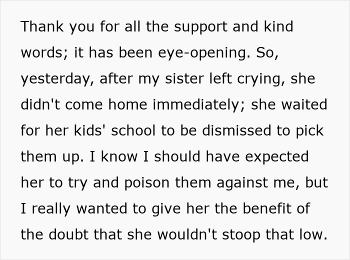 Text discussing sibling conflict over babysitting and emotional aftermath.