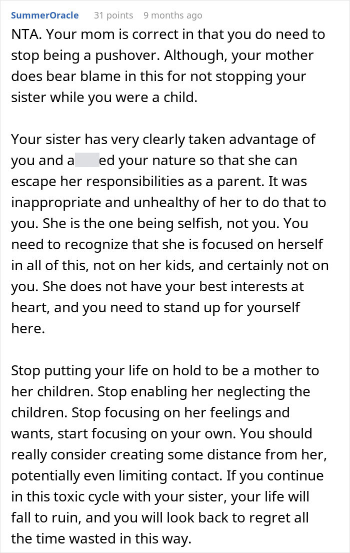 Text conversation discussing prioritizing future over babysitting older sister's kids, emphasizing personal boundaries.