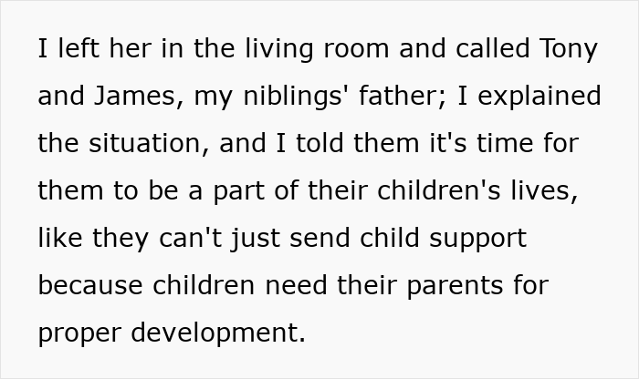 Text about a teen prioritizing her future over babysitting for her sister's kids, emphasizing the role of fathers.