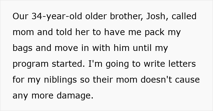 Text discussing prioritizing future over babysitting, with a brother offering support.