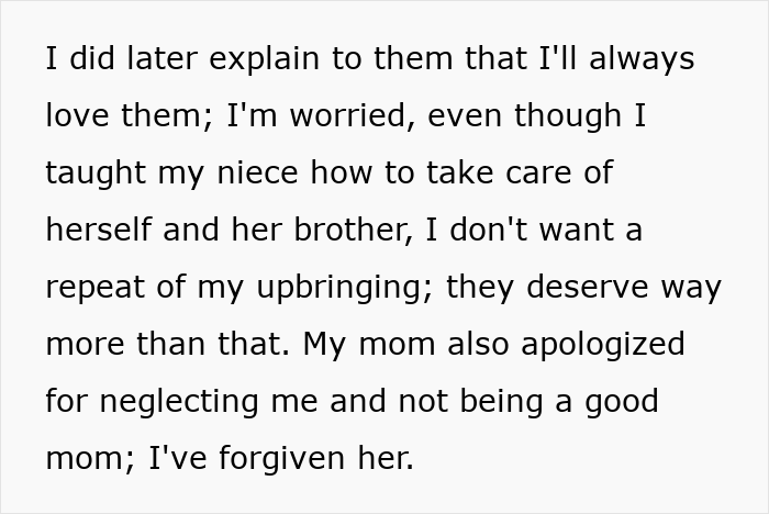 Text about a teen prioritizing her future over babysitting her sister's kids and reflecting on family upbringing.