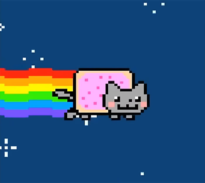 Pixel art of a cat with a pop tart body and rainbow trail, flying through space.
