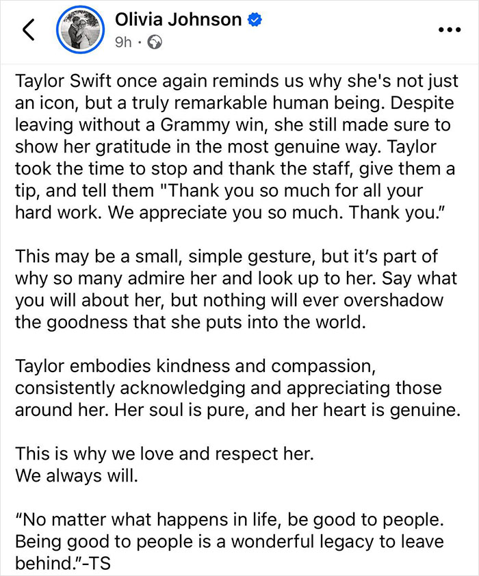 Taylor Swift praises staff, expressing genuine gratitude with tips, highlighting her kindness and compassion.