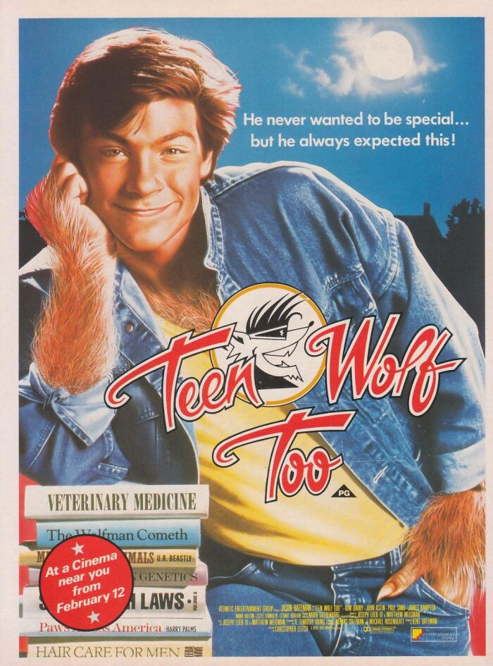 Poster of "Teen Wolf Too" featuring a smiling character with wolf-like features, highlighting vintage-commercials.