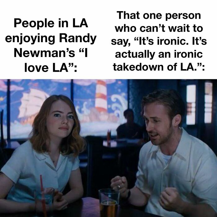 Man and woman in restaurant discussing a song's interpretation, referencing the 2025 Grammys with humorous expressions.