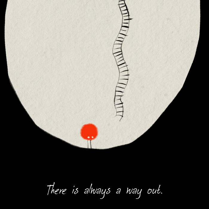 Red character under ladder illustration, conveying simplicity and life's values.