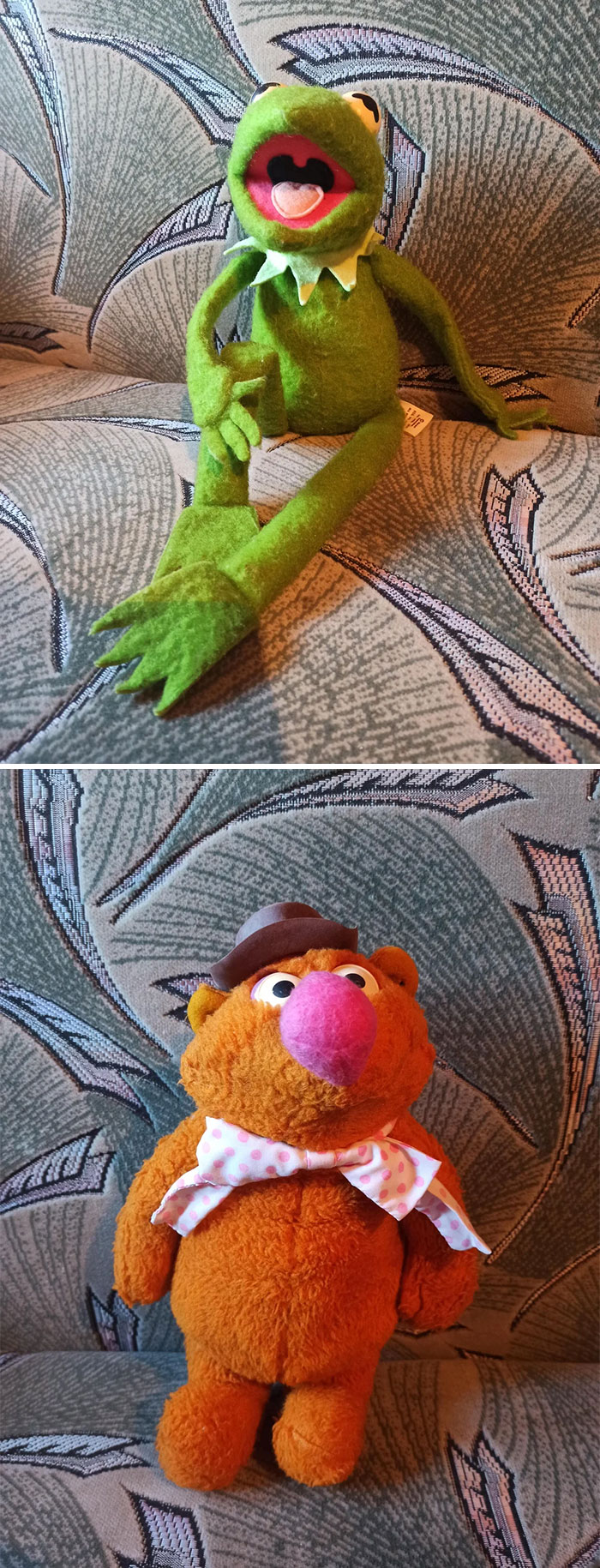 Vintage toys: green frog and orange bear plushies on a patterned couch.