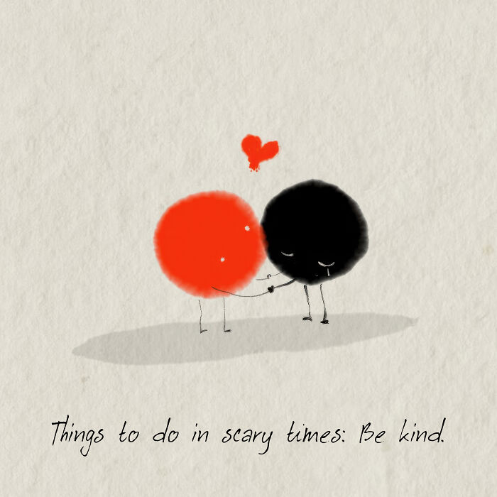 Two simple characters, one red and one black, holding hands with a heart above, illustrating kindness and life's values.
