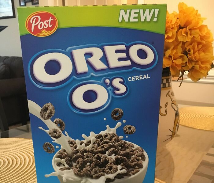 Box of Oreo O's cereal on a table, a nostalgic food item from the 90s and 2000s.