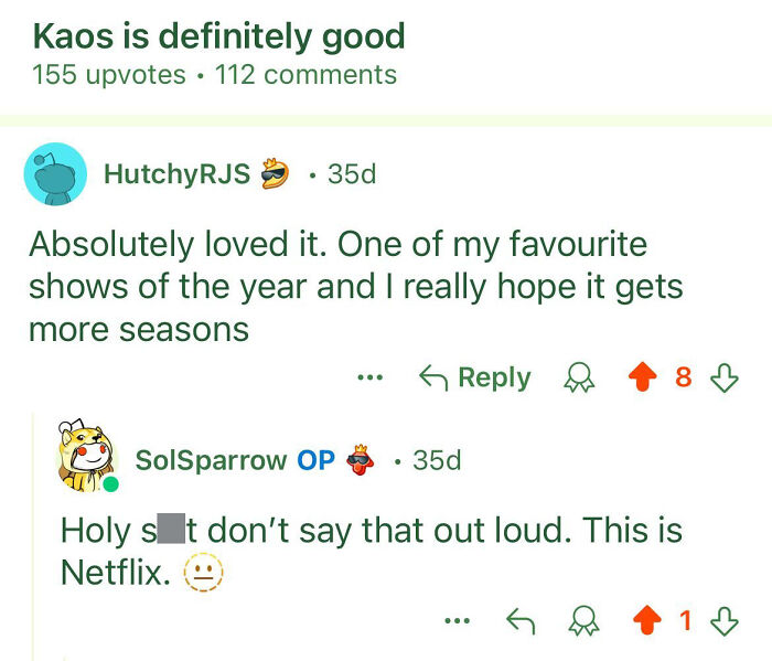 Reddit comments discussing show predictions, one users sharing enthusiasm and another warning about Netflix expectations.