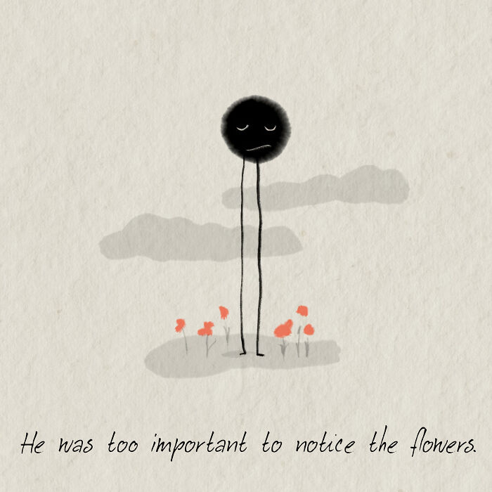 Simple illustration of a black figure overlooking small red flowers, emphasizing life's values through simplicity.