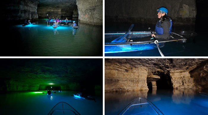 Kayakers exploring illuminated underground caves, showcasing unique tourist experiences.