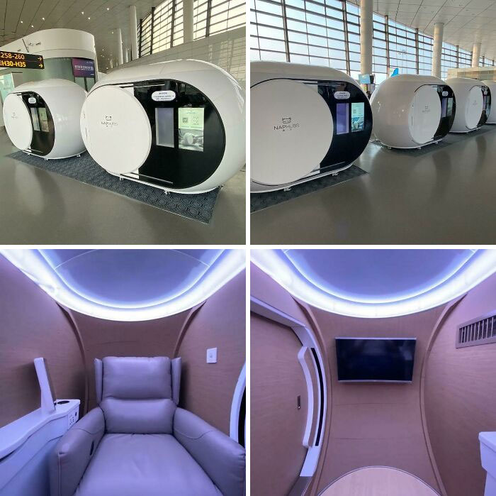 Airport nap pods interior and exterior, showcasing a unique and interesting tourist experience.