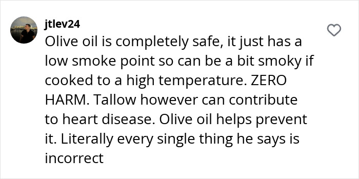 Comment debating toxic items in home kitchens, focusing on olive oil's safety and tallow's health impact. Comment debating toxic items in home kitchens, focusing on olive oil's safety and tallow's health impact.