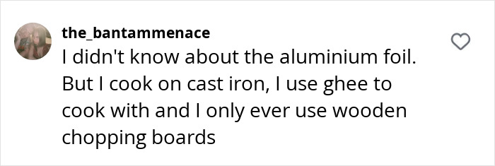 Comment discusses alternatives to toxic kitchen items, mentioning cast iron, ghee, and wooden chopping boards. Comment discusses alternatives to toxic kitchen items, mentioning cast iron, ghee, and wooden chopping boards.