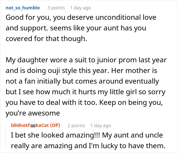 Comments discussing a daughter wearing a suit to prom and a mother's reaction. Comments discussing a daughter wearing a suit to prom and a mother's reaction.