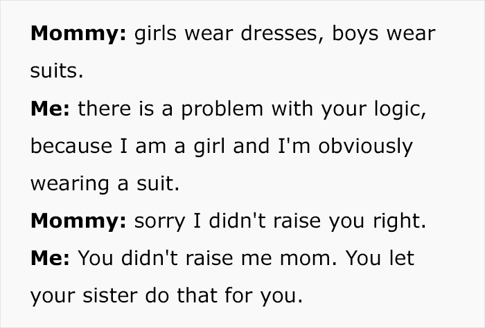Text exchange about prom suit, highlighting daughter's response and mom's realization. Text exchange about prom suit, highlighting daughter's response and mom's realization.