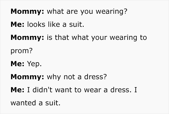 Text exchange about wearing a suit to prom instead of a dress for a daughter. Text exchange about wearing a suit to prom instead of a dress for a daughter.