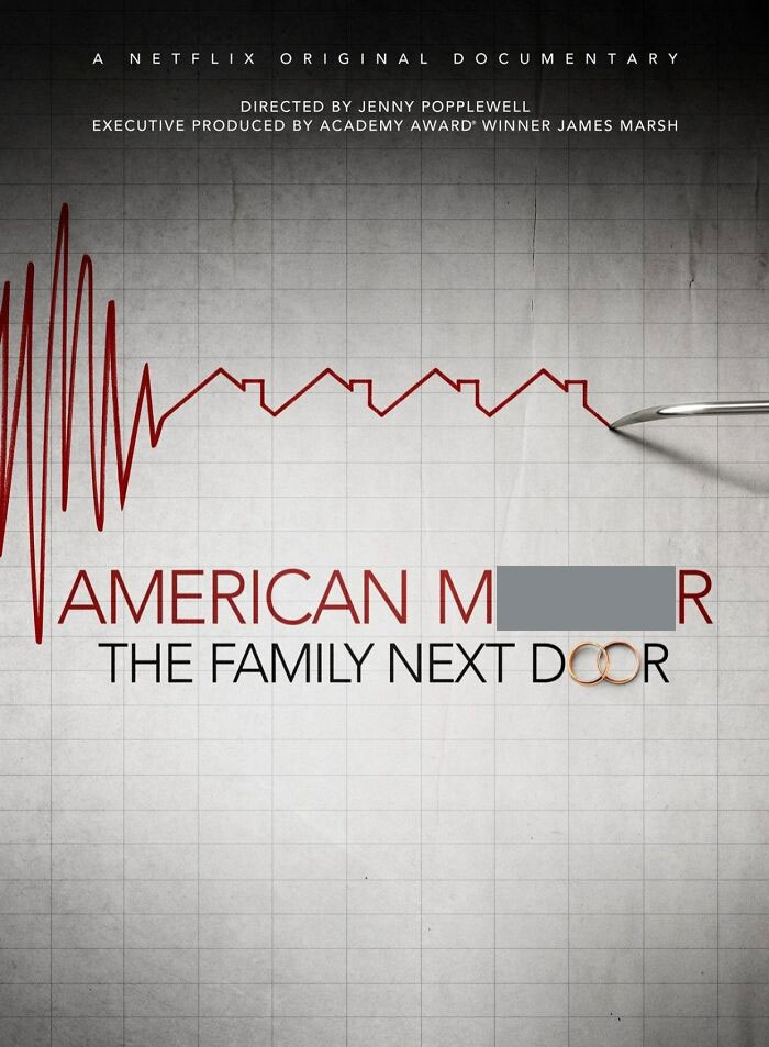 Documentary poster featuring a heart rate line, with the text "American M****r: The Family Next Door."