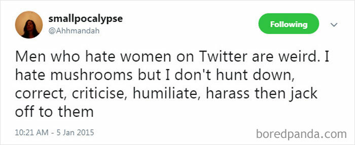 Tweet criticizing misogynists, comparing them to mushroom haters, highlighting absurd behavior on Twitter.