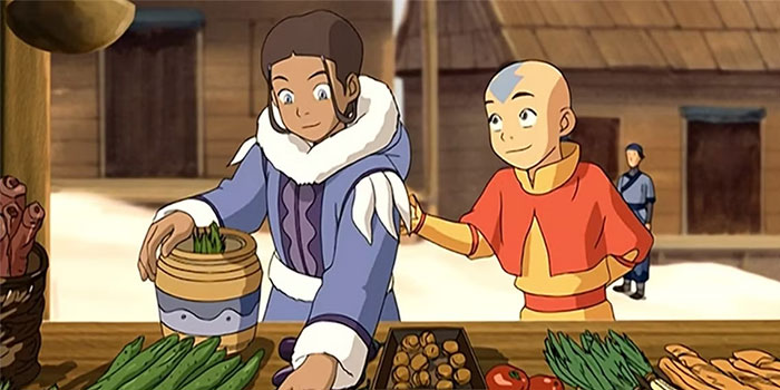 Animated TV couple at a market stall, showcasing less chemistry in a lively scene.
