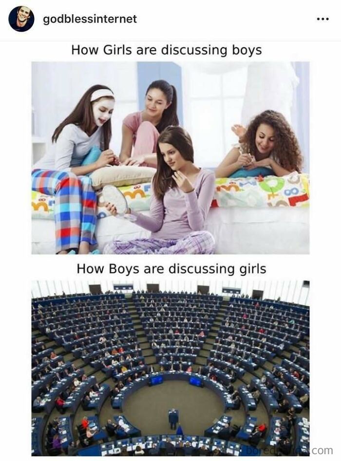 Girls and boys discussing each other in a funny meme from God Bless Internet.