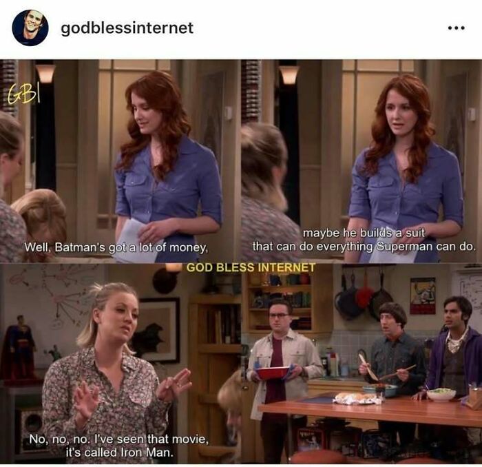 Group discussing Batman and Iron Man humorously in a kitchen setting, illustrating a classic funny meme from "God Bless Internet."