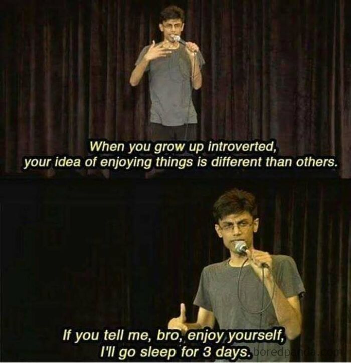 Comedian holding a microphone, sharing a joke about introversion in a meme.