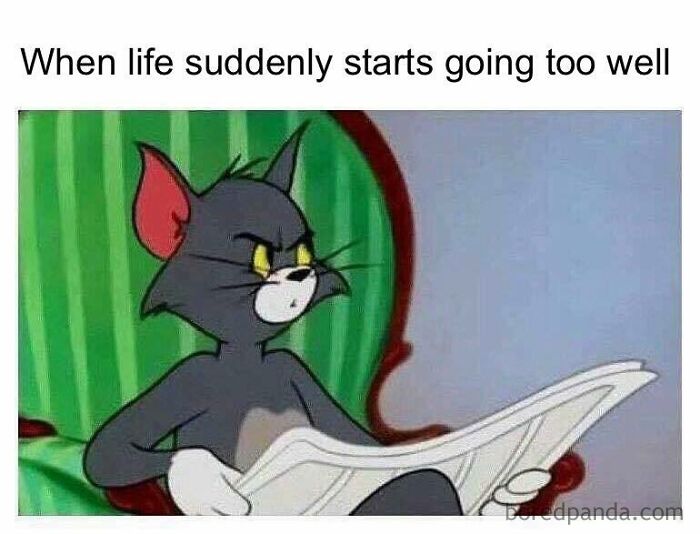 Tom holding a newspaper with a skeptical expression, captioned "When life suddenly starts going too well." God Bless Internet memes.
