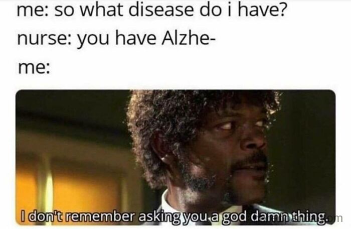 Meme with funny dialogue about memory loss featuring a surprised man, showcasing random humor.