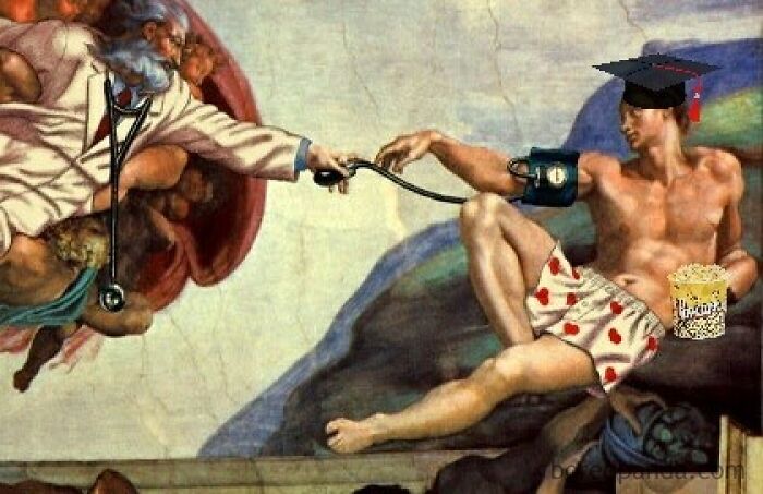 Parody of The Creation of Adam with a humorous twist featuring internet memes.