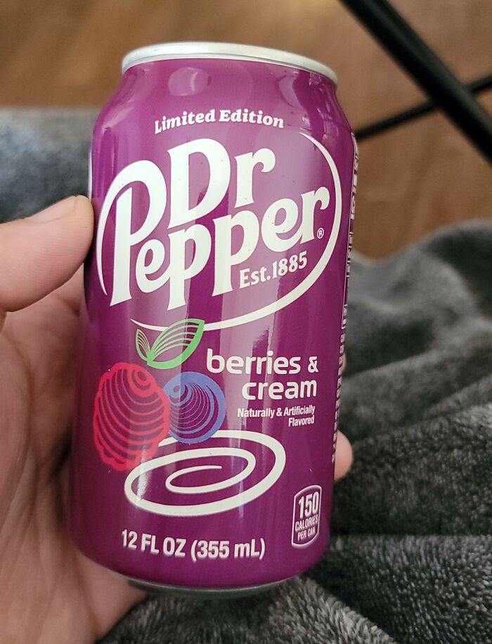 Limited edition Dr Pepper berries & cream can, representing vanished 90s and 2000s food items.