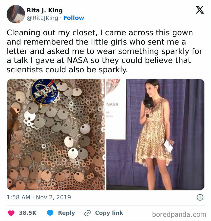 Person in a sparkly dress at NASA event, inspired by letter to show scientists as sparkly; highlights Tumblr's funny side.