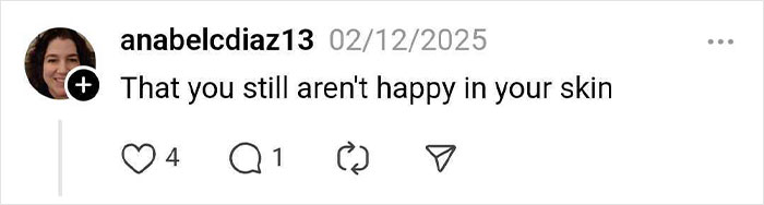 Social media comment about self-image, related to hair loss and weight loss.