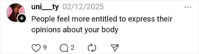 "Comment on weight loss impact: 'People feel more entitled to express their opinions about your body', 9 likes, 2 replies."