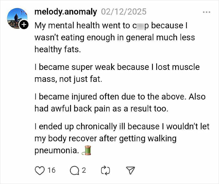 "Social media post discussing negative health effects from weight loss, including hair loss and weakness."