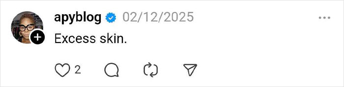 Screenshot of a social media post mentioning excess skin and weight loss, showing interaction icons and date.