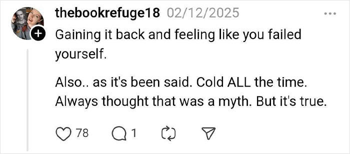 "Thebookrefuge18 discussing weight loss effects, mentioning feeling cold and the struggle of maintaining weight."