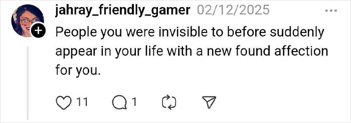 "Social media post about new affection and visibility after weight loss with 11 likes and 1 comment."