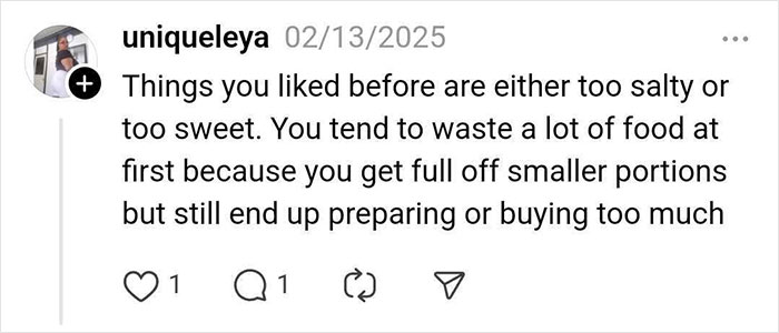 Social media comment about food preferences and portion changes after weight loss.